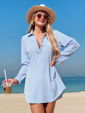 Vestido Camisa Listrado Midi com Botões